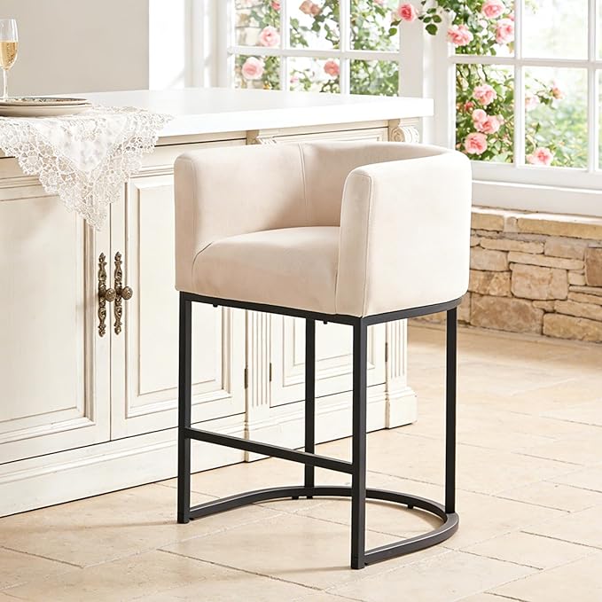 ClinQ 26" H Counter Height Bar Stools Set of 1, Modern Barrel Counter Stools with Backrest and Arms, Black Metal Frames, Linen Fabric Upholstered Accent Barstools for Kitchen Island, Beige