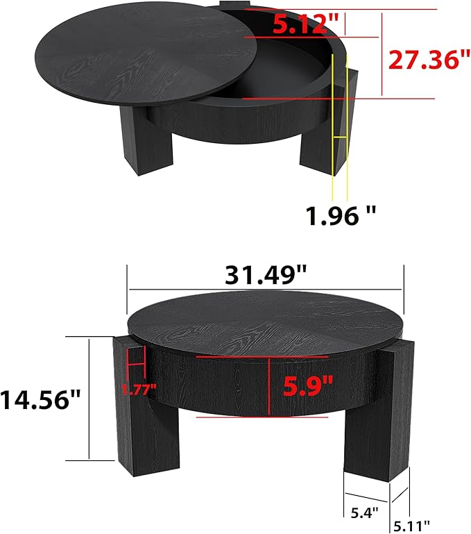 33'' Round Coffee Table with Hidden Storage, Modern Wood Veneer Top, 3 Block Legs Sturdy Center Accent Table for Living Room, Small Space, Black
