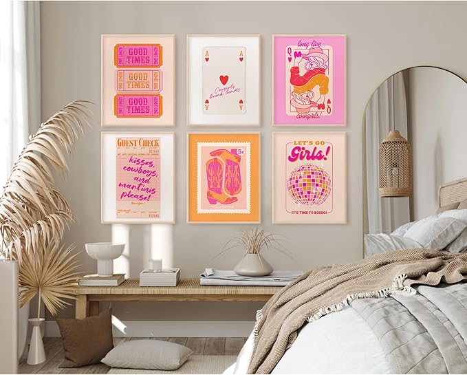 Hot Pink Wall Art Decor Trendy Aesthetic Pictures Preppy Funky Wall Art Poker Retro Poster Orange Vintage Canvas Hot Pink Artwork Western Prints Cowgirl Painting Dorm Room 8x10 Inch Unframed Set of 6