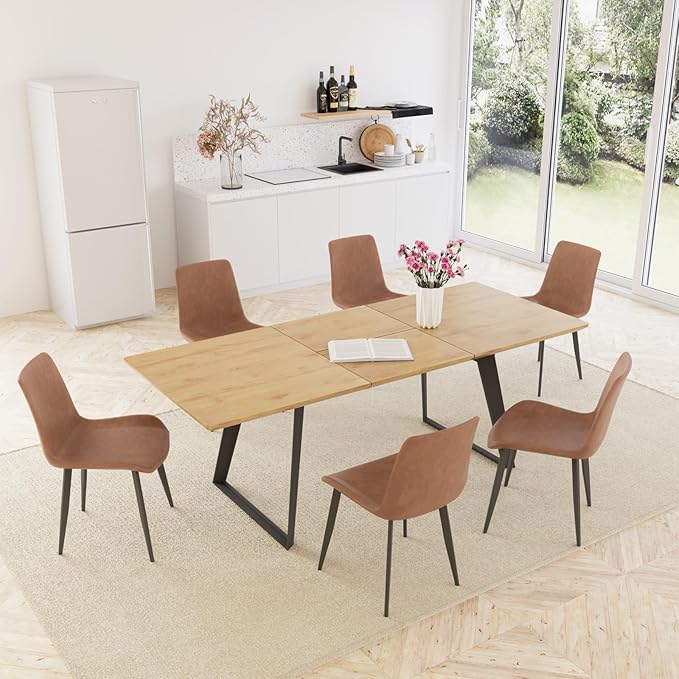 ZckyCine 63"-79" Expandable Dining Table Set for 6, Wood Table & 6 Brown Chairs, Extendable Kitchen Dining Table Set for Kitchen & Dining Room, Modern Oak & Brown