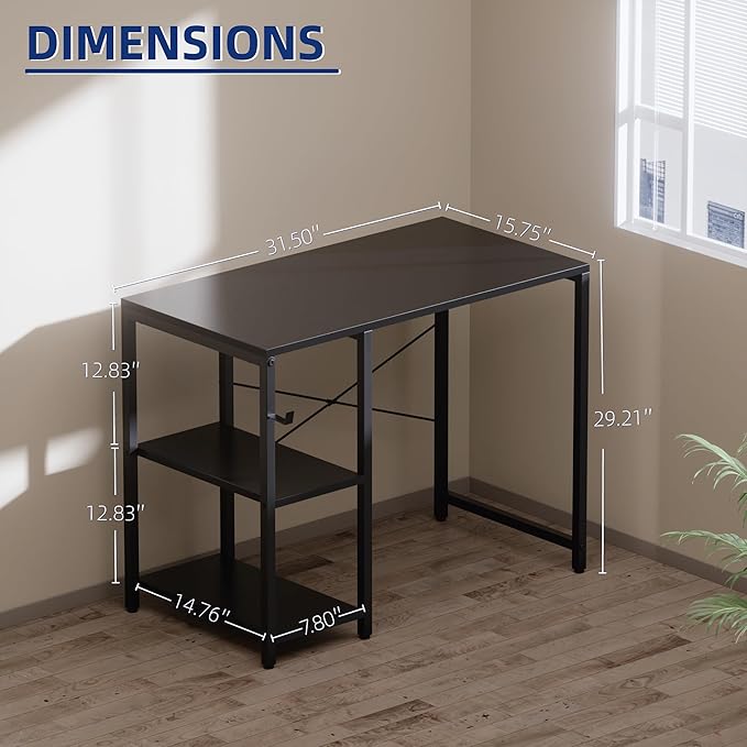 Pamray 32 Inch Small Computer Desk with Shelves, Home Office Desk with Headphone Hook for Bedroom, Study Writing PC Table for Small Spaces, Grey