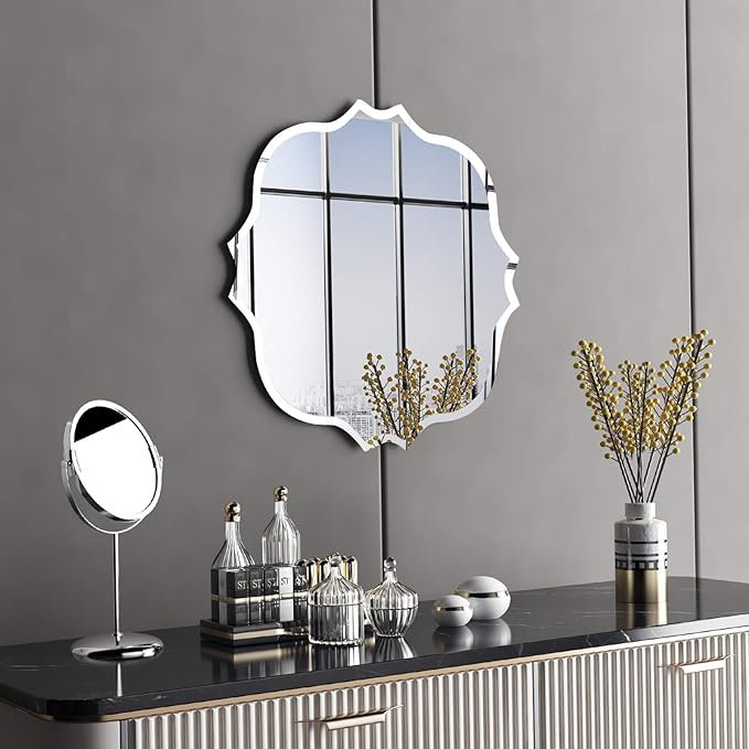 KOHROS Frameless Scalloped Mirror 24” x 24" Bathroom Wall Mirror w/Polished Shape Beveled Edge Mirror for Bathroom Vanity (Silver)