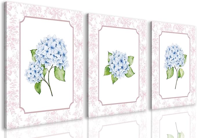 Blue Hydrangea Wall Art Set of 3, Preppy Blue Hydrangea Canvas Prints Poster Picture, Floral Aesthetic Wall Decor for Teen Girls Bedroom Dorm Apartment 16x24 Inch Framed