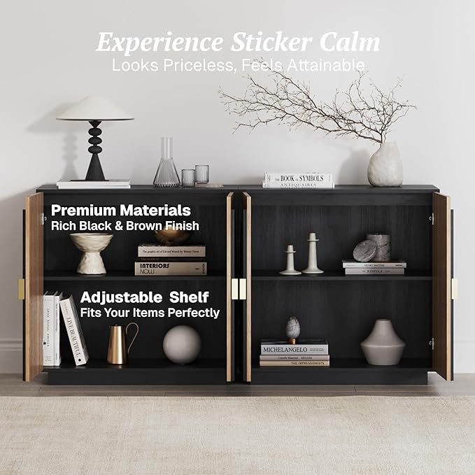BELLEZE Modular Fluted Sideboard Buffet Cabinet with Storage, Mid-Century Modern Console Table with Symmetrical Arched Doors, Elegant Credenza for Dining Room, Kitchen, and Living Room, Camel