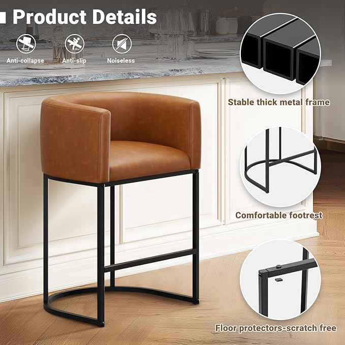 26" H Counter Height Bar Stools Set of 3, Modern Barrel Counter Stools with Backrest and Arms, Faux Leather Upholstered Accent Barstools for Kitchen Island,Support 450 LBS (Walnut Brown