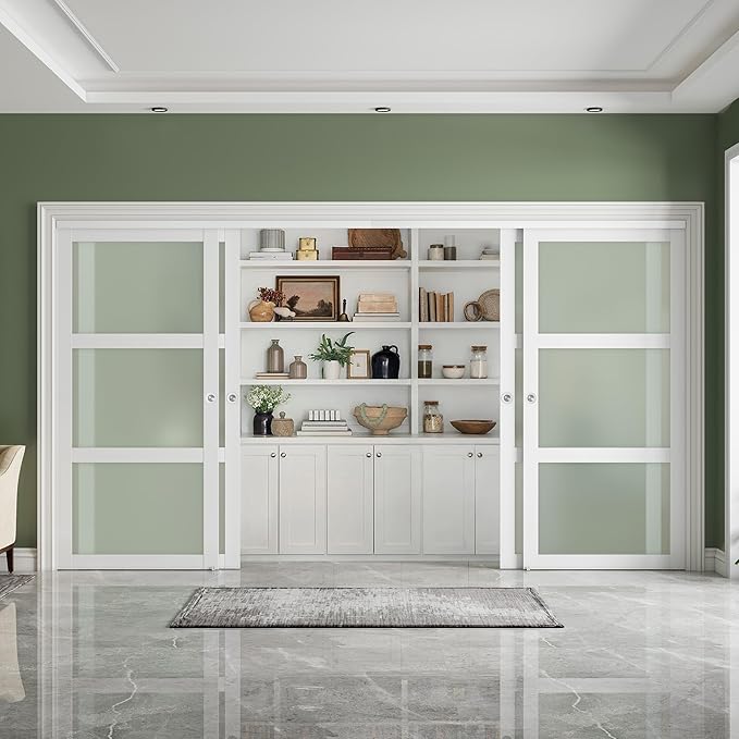 SMARTSTANDARD Sliding Closet Door 144x80(Double 72") Inch, Bypass Frosted Glass 3-Lite,Hardware Kit with Handles Included,Easy to Assemble MDF Door for Bedroom with Scratch-Resistant PVC, White