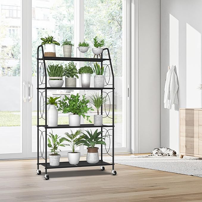VyGrow 4 Tier Plant Stand with Wheels, Plant Shelf for Indoor Outdoor, Heavy Duty Metal Tall Plant Stands Holder Rack for Living Room Balcony and Garden, Black