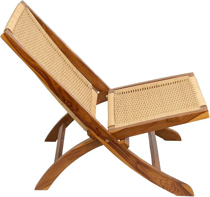 TeakCraft Teak Rattan Lounge Chair – Foldable, Handcrafted Solid Wood Accent Chair with Woven Seat – Mid-Century Modern Recliner for Indoor & Outdoor Use, The Ediz