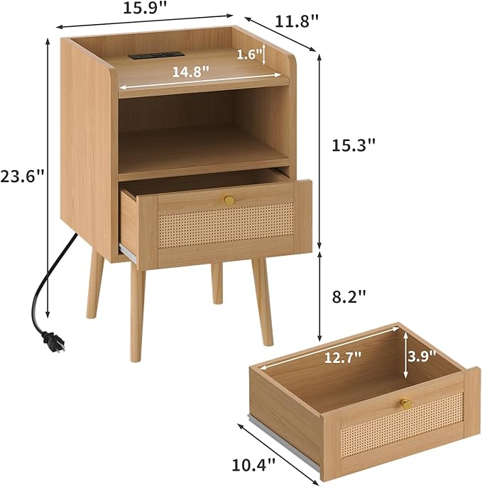 MECHYIN Night Stand Set 2, Nightstands Set of 2 with Charging Station, Rattan Side Tables with Solid Wood Legs, Boho Bedside End Table for Apartment Bedroom Dorm Small Space - Natural