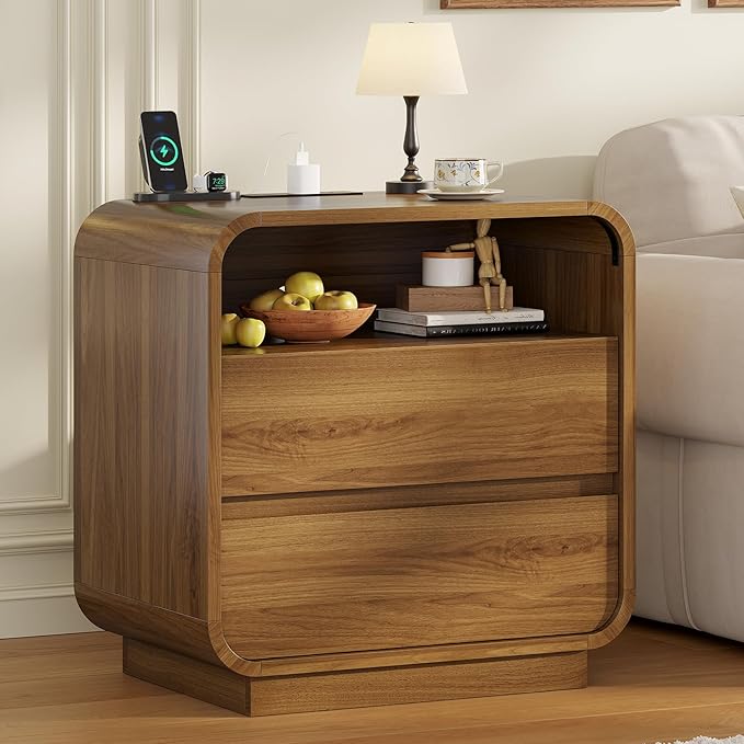 HAUOMS 25" Tall Modern Nightstand with Charging Station, 23.6" Wide Wood Bedside Table w/2 Storage Drawers, Curved Profile Design, Large Mid Century End Table for Bedroom, Living Room, Walnut