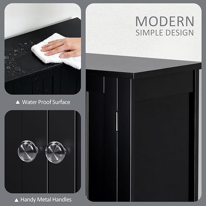SUPER DEAL Modern Bathroom Floor Storage Cabinet with Adjustable Shelf and Double Door Rust Proof, Living Room Modern Home Furniture Storage Organizer Cabinet, Black