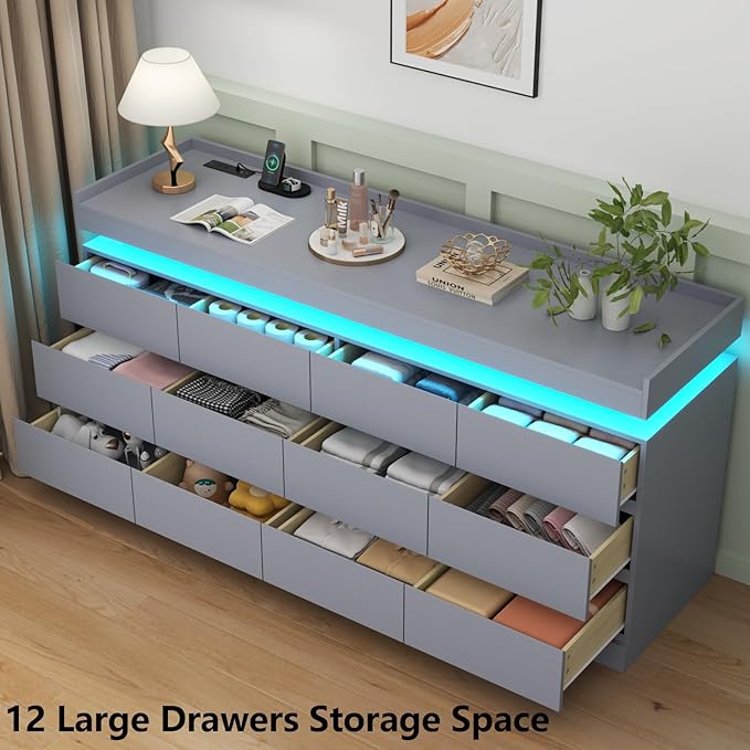 Gyfimoie 12 Drawer Dresser with Power Outlet, Dresser with LED Light, Modern Chest of Drawers for Closet, Double Wide Drawer Organizer Cabinet for Bedroom, Living Room (Grey, 12 Drawers)