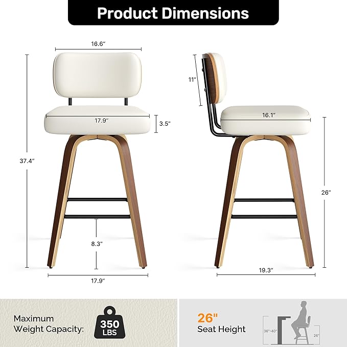 Swivel Bar Stools Set of 6, 26" Upholstered Faux Leather Counter Height Barstools with Walnut Back & Bentwood Legs, Mid Century Modern Bar Chairs Island Stools for Kitchen Counter, Cream White