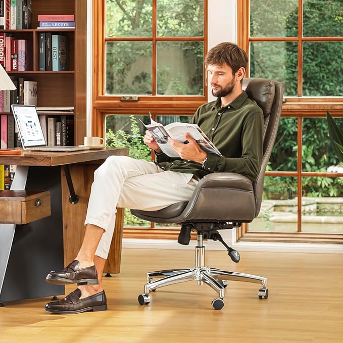 Glitzhome Mid-Century Modern PU Leather Adjustable Swivel High Back Office Chair, Adjustable Task Chair with Lumbar Back Support Executive Swivel Chair(Grey)