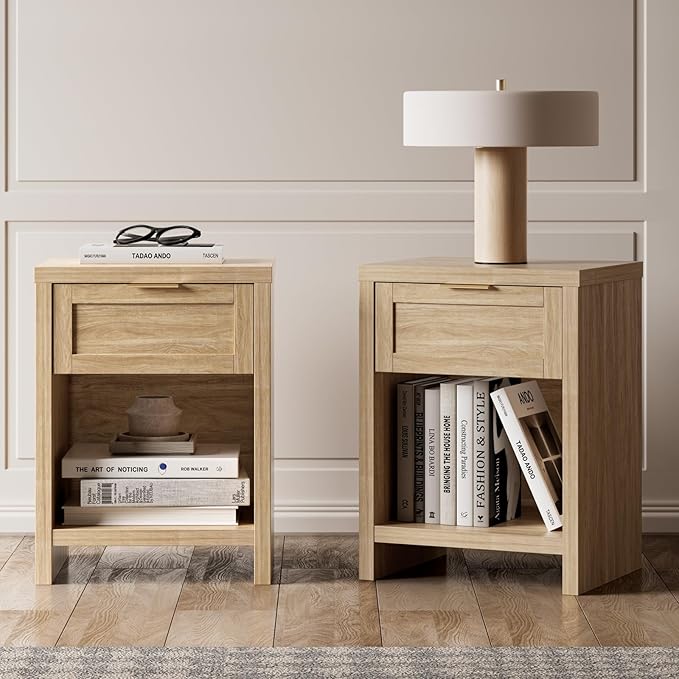 Walsham Natural Nightstand Set of 2 Boho Bedside Tables with Drawer and Storage Shelf Farmhouse Side End Tables for Bedroom Sofa, (Light Weathered Oak, 2 Set)