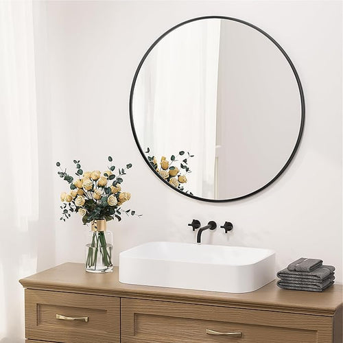 Antok 36 Inch Round Mirror for Wall, Round Bathroom Mirror, Circle Wall Mirrors with Black Metal Frame, Circle Mirrors Suitable for Wall, Bathroom, Vanity, Living Room, Entryway