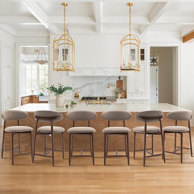 Upholstered Counter Height Bar Stools Set of 6, Kitchen Island Stools with Back, Modern Counter Stools Island Bar Chairs with Wood Legs for Kitchen Island Dining Room Bar, Camel