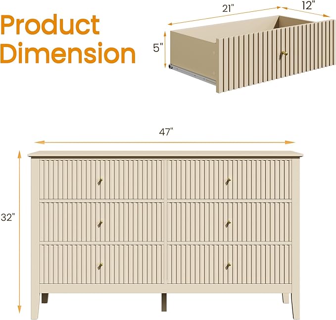 RoyalCraft 6 Drawer Dresser Set of 2, Fluted Modern Wood Dresser, Double Chest of Drawers for Bedroom, TV Stand Storage Cabinet for Living Room, Beige