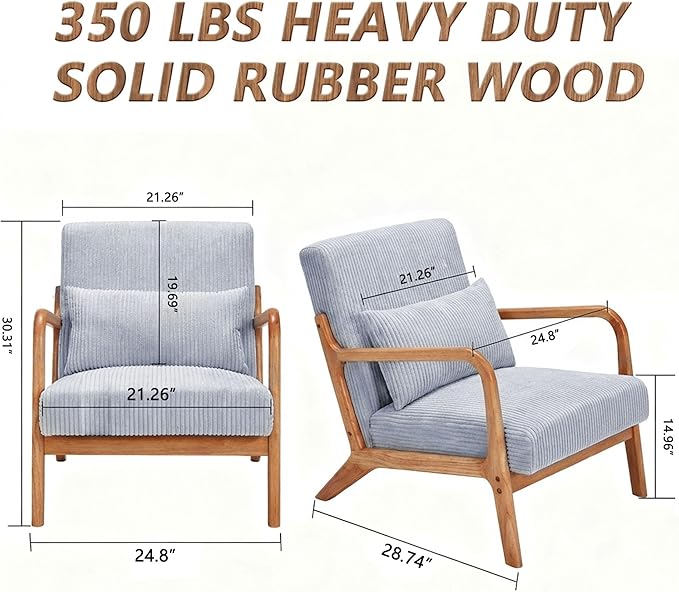 Set of 2 Mid Century Modern Accent Chair with Solid Rubberwood Frame, Comfy Corduroy Reading Armchair with Lumbar Pillow, Compact Lounge Chair for Bedroom, Nursery & Small Spaces, Light Grey