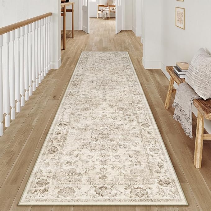2x7 Washable Neutral Runner Rug Beige Vintage Hallway Kitchen Carpet Non-Slip Soft Low Pile Farmhouse Throw Rug for Bedroom Bathroom Laundry Living Room