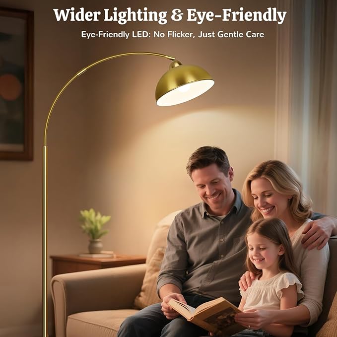 Arc Floor Lamps for Living Room, 72" Modern Tall Lamp with Remote Control and Stepless Dimmable 9W LED Bulb, Over Couch Arched Reading Lamp for Bedroom, Office(Gold)
