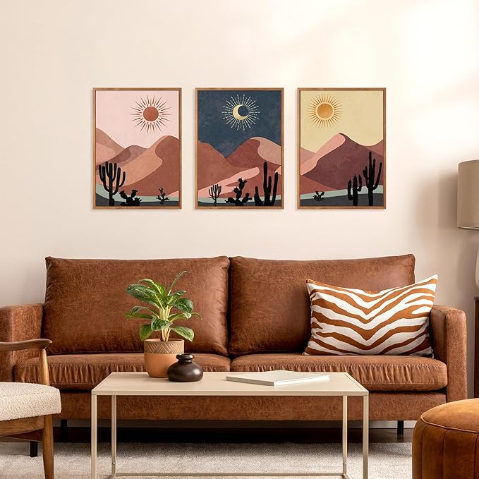 HPNIUB Boho Desert Framed Canvas Wall Art Set, Abstract Sun Moon Art Prints, Modern Cactus Paintings Artwork, Mid Century Southwestern Landscape Wall Decor for Living Room, Office(Set of 3,12X16 Inch)
