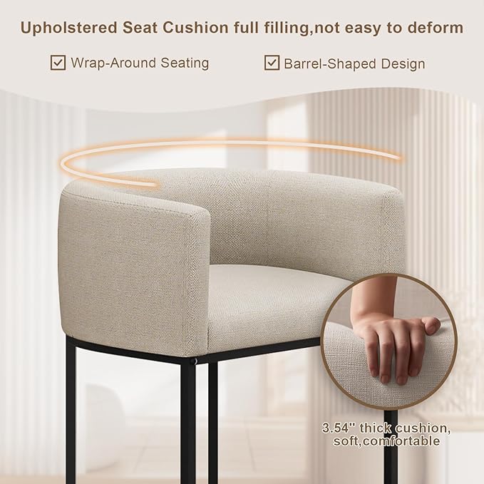 26" H Counter Height Bar Stools Set of 3, Modern Barrel Counter Stools with Backrest and Arms, Linen Fabric Upholstered Accent Barstools for Kitchen Island,Support 450 LBS (Beige)