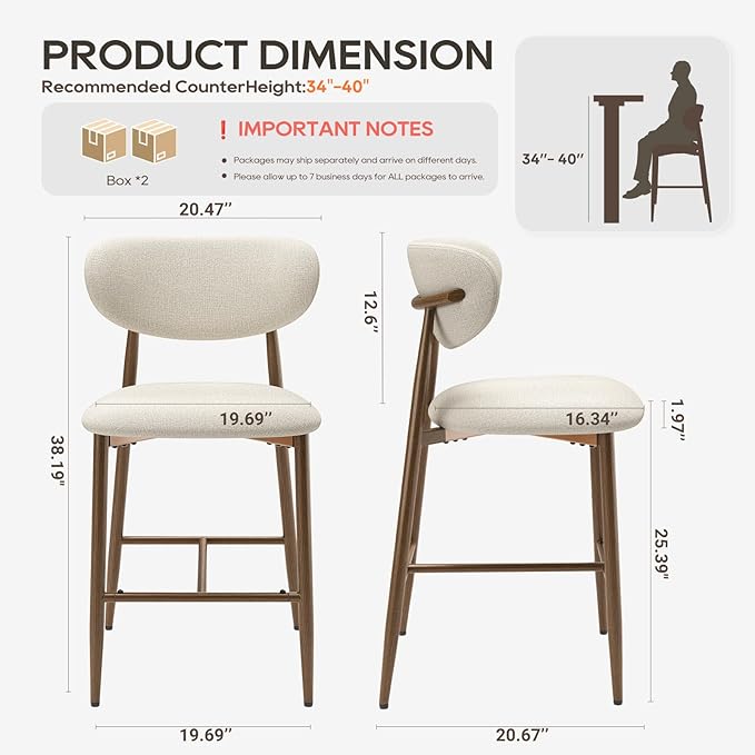 MALOL Bar Stools Set of 4, Counter Height bar stools, Kitchen Bar Stools with Backs, Modern Upholstered, Modern Bar Stools with Metal Legs for Kitchen Island, Counter, Beige