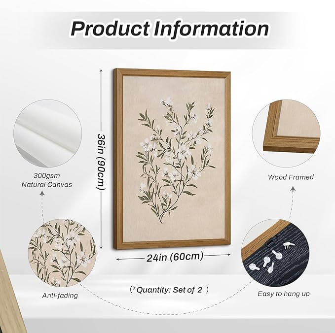 Vintage Botanical Wall Art Neutral Floral Prints Farmhouse Flower Canvas Wall Decor Watercolor Wildflower Pictures Nature Minimalist Artwork for Living Room Bedroom 24x36 Inch Wood Framed Set of 2