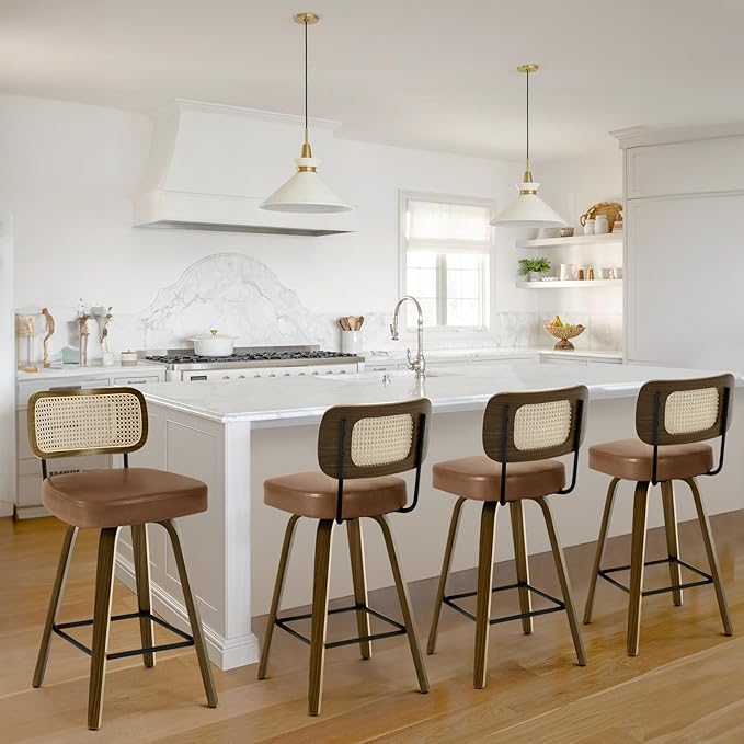 Bekrvio Swivel Counter Height Bar Stools Set of 4, Upholstered Faux Leather Barstools with Rattan Back, 26" Seat Height Bar Chairs for Kitchen Island, Bentwood Wood Frame, Brown