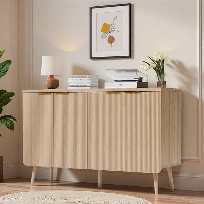 47.2" Modern Fluted Sideboard Cabinet with 4 Doors, Wood Storage Credenza with Shelves, Multi-Purpose Buffet Cabinet for Entryway, Dining & Living Room, Natural Wood
