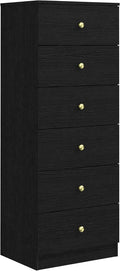 Panana Modern 6 Drawer Vertical Dresser, Wood Tall Chest of Drawers N Arrow Storage Organizer with Wide Drawers & Metal Gold Handles for Bedroom, Living Room, Office, Hallway, Entryway (Black)