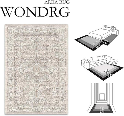 9x12 Washable Vintage Area Rug Beige Oriental Living Room Bedroom Throw Rug Neutral Non Slip Soft Low Pile Carpet for Dining Room Office Nursery Indoor