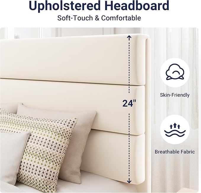 Allewie Full Size Platform Bed Frame with Velvet Upholstered Headboard and Wooden Slats Support, Fully Upholstered Mattress Foundation/No Box Spring Needed/Easy Assembly, Cream