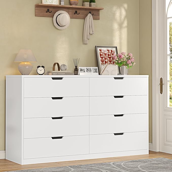 HAUOMS Modern 8 Drawer Dresser, White Chest of Drawers for Bedroom,Closet Dressers with Drawers for Living Room, Entryway, Hallway