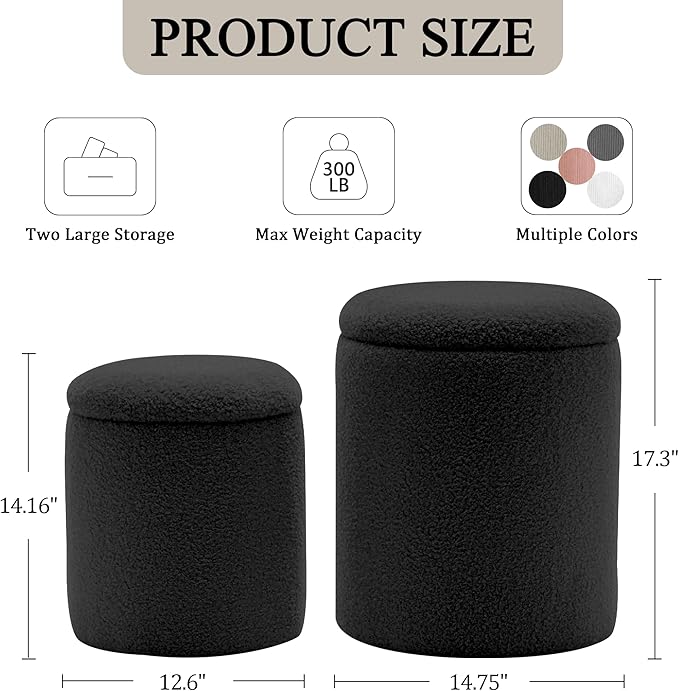 YSICK Round Ottoman with Storage, Set of 2, Small Vanity Stool as Vanity Chair, Sherpa Ottoman Foot Rest for Small Space, Living Room, Bedroom, Black