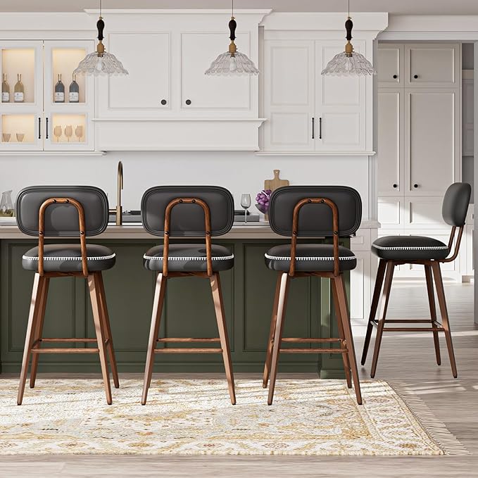 MALOL 26“ Swivel Bar Stools Set of 4, Mid Century PU Leather Counter Height Bar Chairs with Low Back and Metal Legs, Modern Bar Stool Chair for Kitchen Island, Black