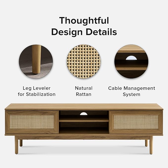 mopio Haylee TV Stand, Modern Farmhouse Television Stand for 55/60/65 inch TV, Natural Rattan Boho Entertainment Center with Storage, Media Console Credenza Table for Living Room, Bedroom (Oak 59")