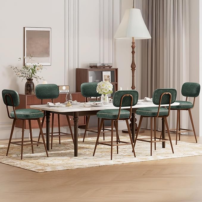 MALOL 26“ Swivel Bar Stools Set of 6, Mid Century PU Leather Counter Height Bar Chairs with Low Back and Metal Legs, Modern Bar Stool Chair for Kitchen Island, Green