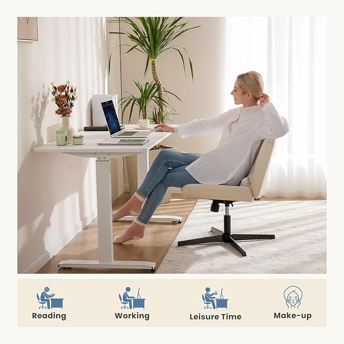 DUMOS Desk Chair No Wheels, Criss Cross Chair Wide Cross Legged Office Desk Vanity Chair, PU Leather Armless Adjustable Swivel Chairs for Home Computer Task Beige