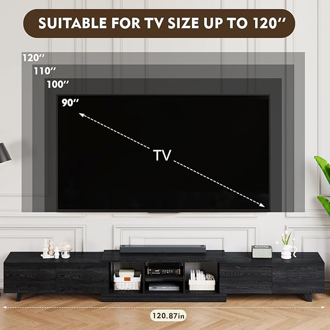 MEISSALIVVE Extendable TV Stand for Up to 120 Inch TV, Modern Entertainment Center with 4 Drawers & 2 Storage Compartments, Adjustable Length (95"-121"), TV Consoles for Living Room & Bedroom (Black)