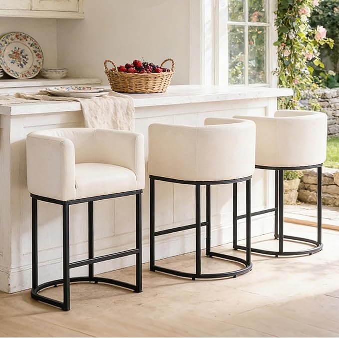 ClinQ 26" H Counter Height Bar Stools Set of 2, Modern Barrel Counter Stools with Backrest and Arms, Black Metal Frames, Linen Fabric Upholstered Accent Barstools for Kitchen Island, Beige
