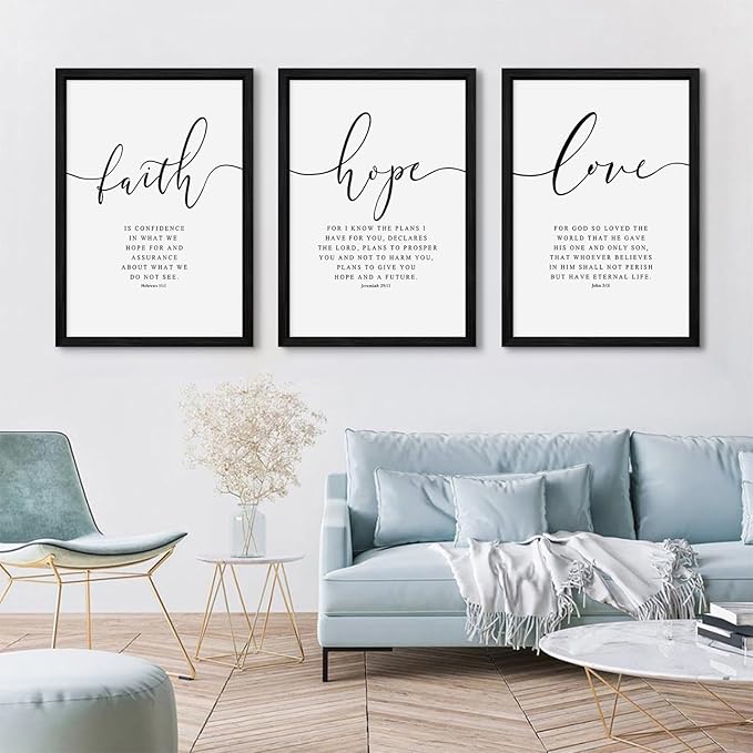 Bible Verses Wall Decor 3 Pieces Scripture Quotes Canvas Wall Art Faith Hope Love Scripture Posters Prints Christian Artwork Pictures for Living Room Bedroom Decoration 12x16 Inch Black Framed