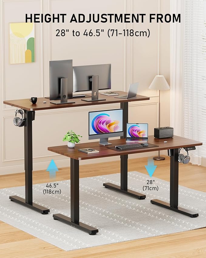 48" Electric Standing Desk Adjustable Height, Sit Stand up Desk for Home Office & Computer Workstation, 2 Memory Height Settings, Splice Board, 2 Hooks, Black Frame/Walnut Top