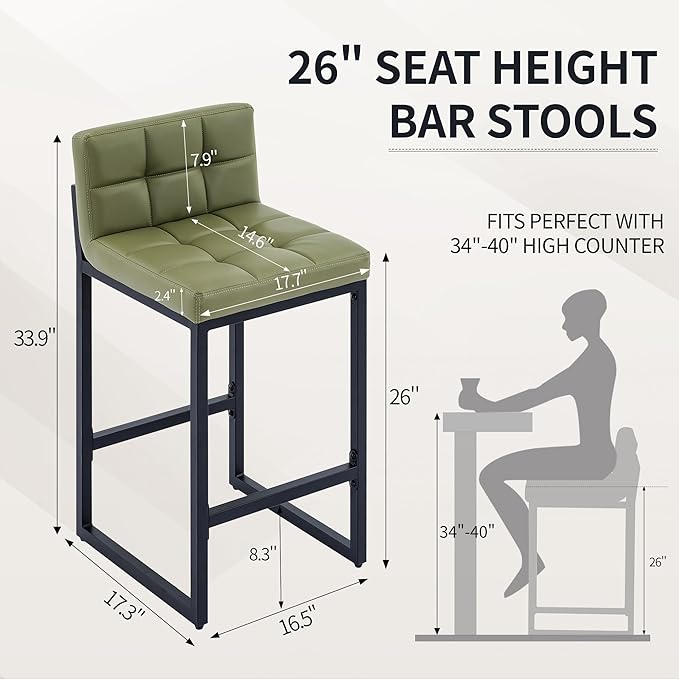 FIRAVOE Counter Height Bar Stools Set of 2, Modern Faux Leather Counter Stools with Low Back and Footrest, Upholstered Bar Chairs for Kitchen Island, Bar (Avocado Green, 2Pcs 26" Counter Stools)