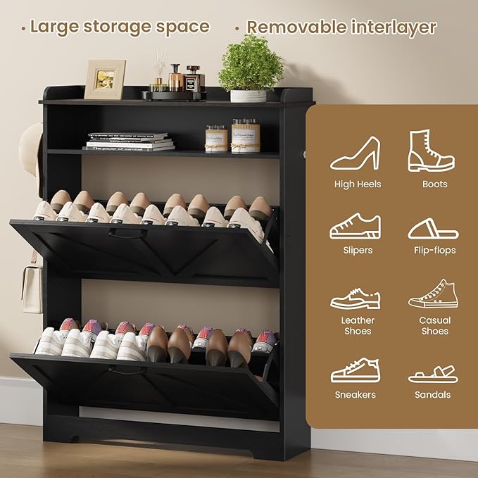Shoe Cabinet Organizer with 2 Flip Drawers, Farmhouse Narrow Shoe Cabinet with 2 Adjustable Shelves & 2 Hooks, Shoe cabinet storage for entryway, Foyer, Hallway, Black, 31.5"W x 8.7"D x 41.7"H