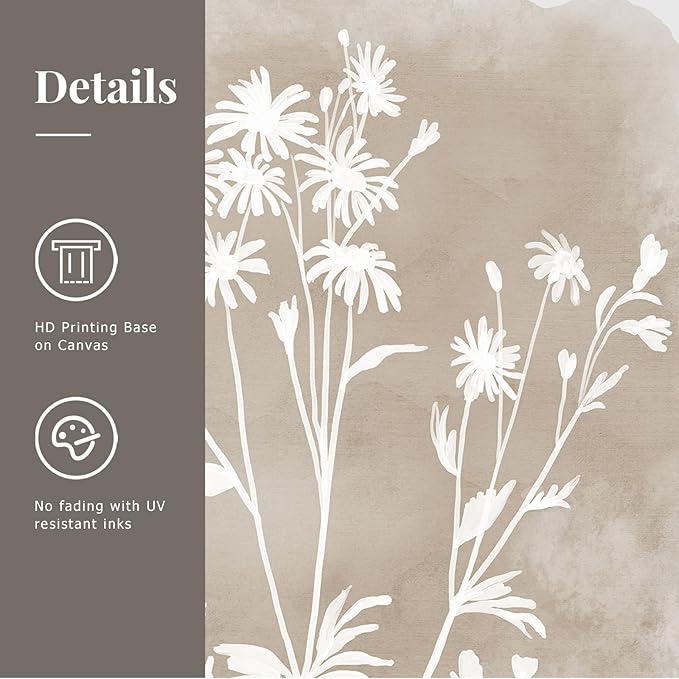 Neutral Wildflower Wall Art Framed Boho Botanical Large Vintage Farmhouse Minimalist Floral Beige Canvas Wall Decor Prints for Living Room Bedroom Office, 3 Panels, 24x36 Inch