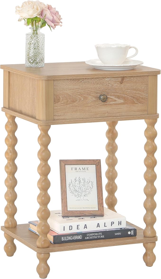 AWASEN Night Stand, Wood End Table with Drawer for Living Room, Small Bedside Side Table with Spindle Wood Legs for Bedroom, Office, Rustic Walnut