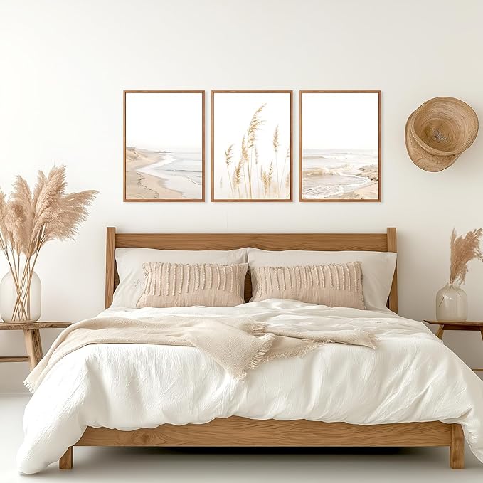 HPNIUB Modern Beach Artwork Seascape Wall Art, Seaside Framed Painting Reed Pathway Picture, Minimalist Neutral Coastal Landscape Wall Decor for Living Room,Bathroom(Set of 3,12X16 Inch)