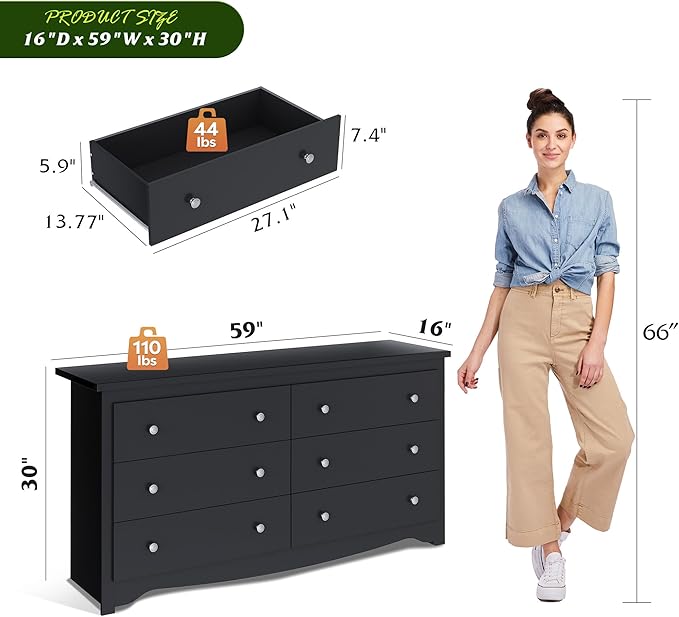 WLIVE Black Wooden Dresser for Bedroom, 6 Drawers Chest of Drawers, 59" Wide Modern Dresser Closet Storage Organizer for Living Room Hallway